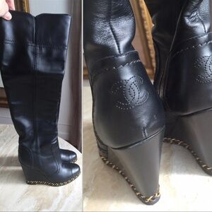 CHANEL Black Over the Knee Wedge Boots 35 US 5 gold chain leather cc logo shoes